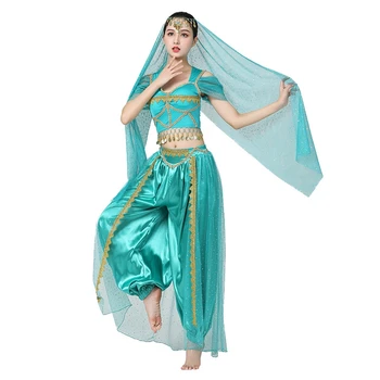 Экзотический Индийский танец, Костюмы для танца Живота, комплект для женщин, 4 шт., Благородная принцесса Жасмин, косплей, Сценическая одежда для выступлений.