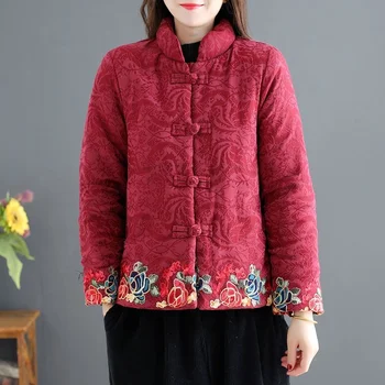 Зимнее Короткое пальто с вышивкой в национальном стиле, женское Винтажное Свободное пальто с подкладкой в Китайском стиле, Женский Традиционный костюм эпохи Тан