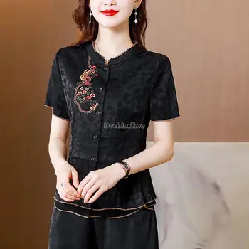 2023 новый китайский ретро элегантный женский улучшенный костюм тан с коротким рукавом и воротником-стойкой, блузка для похудения, летний китайский короткий топ