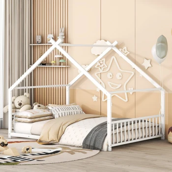 Белая металлическая кровать в натуральную величину для домашней мебели для спальни