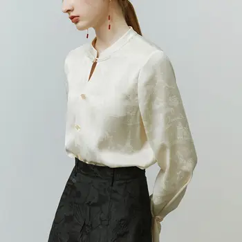 2023 весна лето винтажный новый китайский топ с длинными рукавами, атласная накладка на шею, жаккардовая рубашка в старинном стиле для женщин