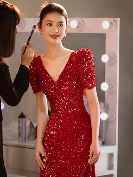 Модное Блестящее Изысканное вечернее платье с красными пайетками, Женское Элегантное свадебное платье с коротким рукавом