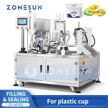ZONESUN Полноавтоматическая машина для розлива и укупорки пластиковых стаканчиков ZS-AFS02 для упаковки жидких кремов, косметических лосьонов
