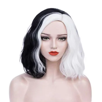 Высококачественный костюм-парик для косплея Круэллы, двухцветный, черный, белый, короткие волосы для взрослых женщин, термостойкие синтетические парики для ролевых игр