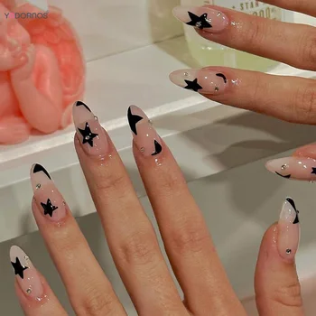 24шт Миндальные Накладные Ногти Crystal Star Designs Y2K Style Nails Press on Телесного Цвета Носимые Накладные Ногти для Девочек y2k Аксессуары
