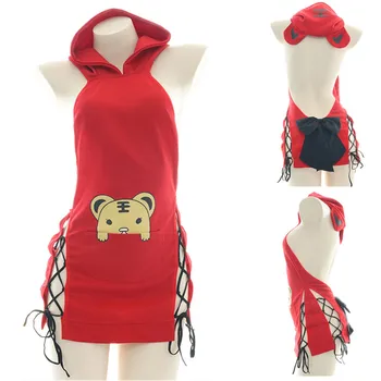 2022 Новый Китайский Зодиак Тигр Капюшоны Униформа Костюм Женское Сексуальное Платье Боди Пижама Красная Ночная Рубашка С Открытой Спиной Косплей С Капюшоном