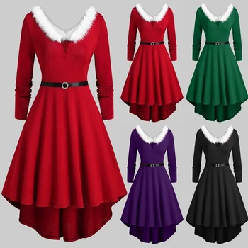 Рождественское праздничное платье для вечеринки, Красный Санта, костюмы для косплея, воротник из искусственного меха, Модные женские зимние платья в стиле Рокабилли 2023, халат S-5XL