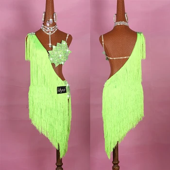 Платья для латиноамериканских танцев Для дам, элегантная неоново-зеленая юбка с толстой бахромой, женские костюмы для выступлений на сцене, костюмы для бальных соревнований, Латиноамериканское платье