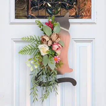 Кошка Деревянная Дверная табличка 25x40 см Дверной Хабар Украшения на Хэллоуин Орнамент Венок из искусственных цветов для двери Крыльца Окна Дома