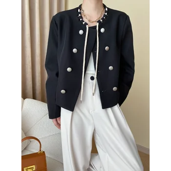 Осеннее маленькое ароматное Двубортное женское пальто с круглым вырезом, Винтажное модное повседневное с длинным рукавом, Корейская шикарная черная женская куртка 1617