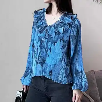 Женская блузка с кружевным воротником 2023 летнего синего цвета с текстурным рисунком