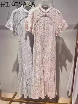 Кружевное Винтажное женское платье с вышивкой, воротник-стойка, расклешенный рукав, Плиссированный Халат Русалки, 2023, Осенний Новый Шикарный Тонкий Vestidos Feminino