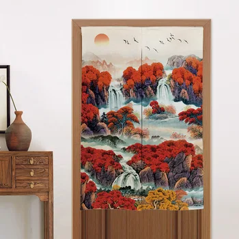 Китайский пейзаж тушью Льняная ткань Подвесные дверные занавески Декор входа в кухню Ресторана Японская перегородка дверного проема