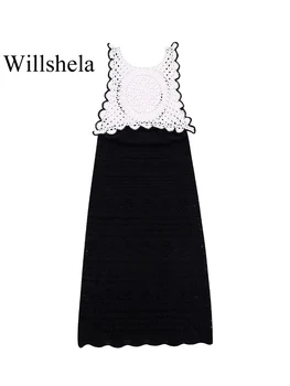 Willshela/ Женское модное трикотажное платье миди в стиле пэчворк с открытой спиной, винтажные женские платья с круглым вырезом на бретелях