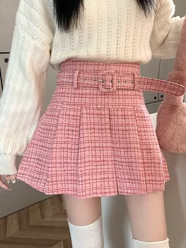 Маленькая ароматная розовая плиссированная твидовая юбка для женщин на осень-зиму, тонкая универсальная шерстяная короткая юбка трапециевидной формы с поясом.