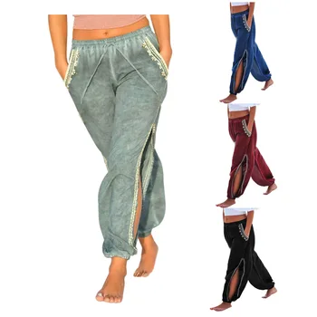 Летние модные женские брюки, Пляжные, с завязками сбоку, открытые, однотонные Свободные брюки Harlan, широкие женские повседневные широкие брюки