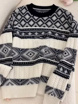 Новый шерстяной вязаный свитер с контрастным принтом и круглым вырезом, свитер Свободный и тонкий