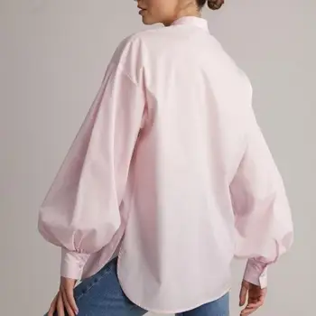 Универсальная блузка Стильная женская рабочая одежда Воротник-стойка рубашки с рукавами-фонариками для весны-осени свободного кроя, однобортные