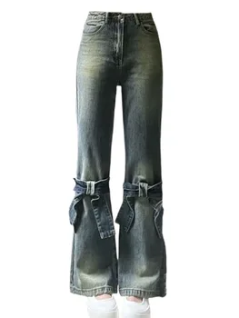 Новые женские брюки Gyaru Jeans Y2k винтажного синего цвета с высокой талией и широкими штанинами Джинсовые Мешковатые повязки с бантом Уличная повседневная уличная одежда Tide