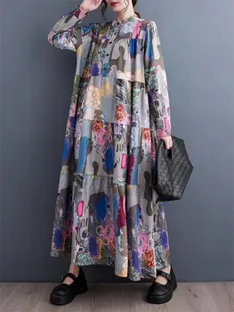 Осенние платья в стиле ретро для женщин 2023, Новая Корейская версия, большой размер, свободное, Тонкое, модное Длинное платье-рубашка с принтом и длинным рукавом, Z2499