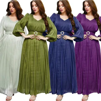 Элегантное женское мусульманское яркое атласное платье с поясом из страз, Дубайские платья-халатики, дерзкие вечерние платья-абаи, однотонные платья миди-размера