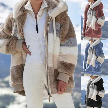 Пальто с капюшоном, Сетка на молнии, Женская теплая Хлопковая шерсть, Искусственный мех, Кашемир, Женская куртка, Блузка с длинным рукавом, Осень-зима