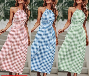 Новое летнее платье на подтяжках 2023, женское темпераментное платье в клетку для пригородных поездок, женская одежда