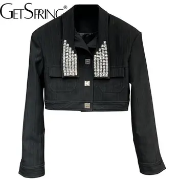 Женское пальто GetSpring, осень 2023, длинный рукав, Квадратная пряжка, Бриллиантовая дизайнерская Тонкая короткая женская черная куртка, универсальная высокая талия