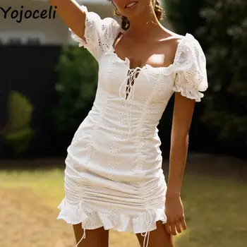 Yojoceli Белое кружевное платье с вышивкой, женское кружевное вязаное крючком хлопковое платье с рюшами, пляжное платье в стиле бохо, платье на шнурке, женское vestidos