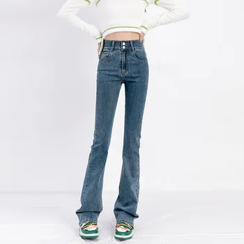 Весна-лето, новые повседневные джинсовые брюки с микро-рогом на двух пуговицах, модные джинсы с высокой талией и широкими штанинами, женские
