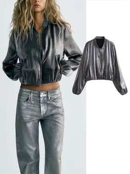 Женская куртка TRAF, серебристая плиссированная куртка оверсайз, женские осенние куртки 2023 для женщин, пальто с длинным рукавом, женские куртки-бомберы