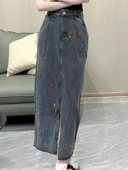 2023 Летняя новая джинсовая юбка в стиле ретро с разрезом спереди, юбка с высокой талией, женская
