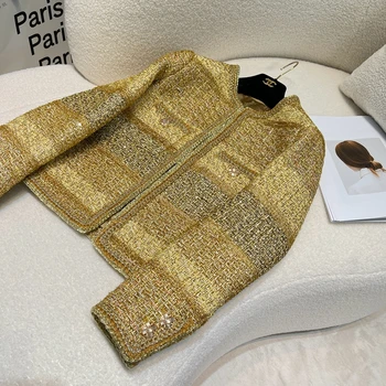 Золотой Твидовый Жакет для Женщин 2023 Года, Роскошные Высококачественные Шерстяные Пальто Mujer Winter в Верхней Одежде Manteau Femme Hiver