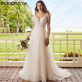 RODDRSYA Аппликации с длинными рукавами, свадебное платье из тюля трапециевидной формы с V-образным вырезом, свадебные платья с иллюзией пуговиц сзади, свадебные платья на заказ