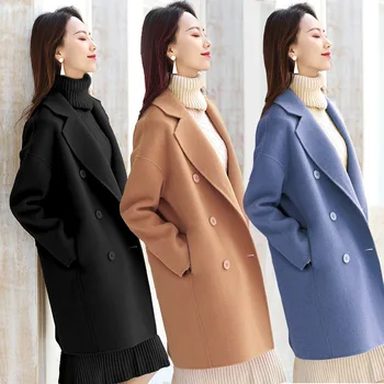 Женское пальто 2023 Двубортное Двустороннее кашемировое пальто Женские длинные шерстяные пальто