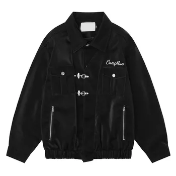 Мужская мотоциклетная куртка из искусственной кожи, винтажное свободное пальто с лацканами с вышитыми буквами, Уличная куртка в стиле хип-хоп, мужская