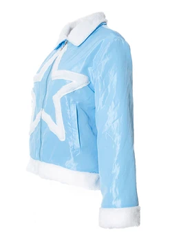 Женское осенне-зимнее пальто 2023 года, повседневный пуховик со звездным принтом, длинный рукав, куртка на молнии с лацканами и карманами