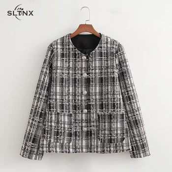 SLTNX Модные твидовые куртки для женщин 2023, осенние пальто, женская шикарная однобортная куртка с карманами, женская Новая верхняя одежда
