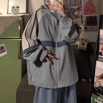 Deeptown Harajuku Полосатая ветровка, куртки, Женская уличная одежда в стиле хип-хоп, негабаритная толстовка на молнии, Корейское модное пальто в стиле пэчворк