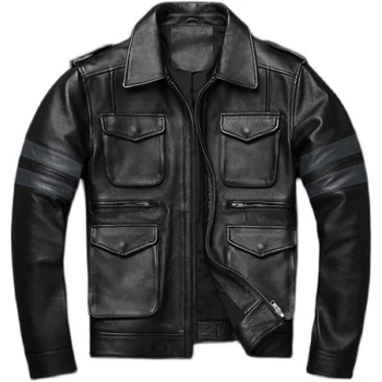 Classic Men Leather Jacket Long Genuine Leather Coat Slim Fit Genuine Cowhide Mens Hunting Jacket Autumn кожаная куртка мужская