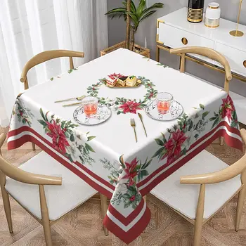 Рождественская прямоугольная скатерть с цветком Пуансеттии, декор кухонного стола, Многоразовые водонепроницаемые скатерти, украшения для свадебной вечеринки