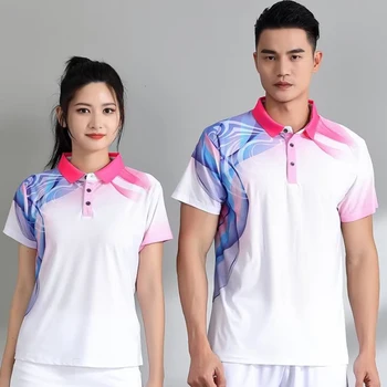 Рубашка для бадминтона с отложным воротником и коротким рукавом для мужчин и женщин, новинка 2023 года, майка для пинг-понга с принтом, ткань для настольного тенниса, пара,