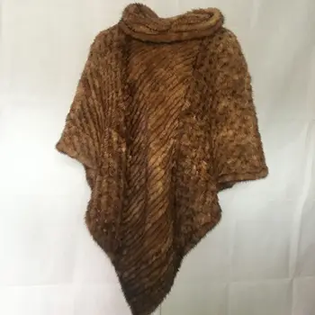 Вязаный пуловер из меха норки 2023 Коричнево-черные шарфы Женское пончо B210719