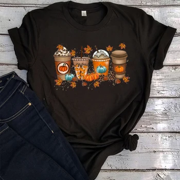 Осенняя кофейная рубашка, милые осенние футболки, топ на День Благодарения, рубашки для любителей кофе на Хэллоуин, футболка с тыквой, женская футболка Harajuku L