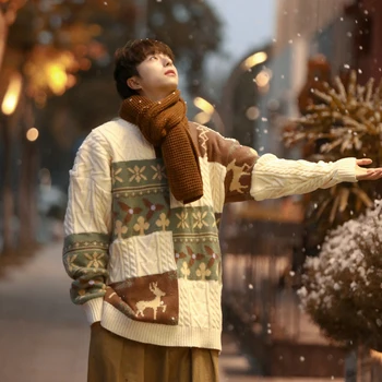Рождественский свитер Мужские осенне-зимние трикотажные свитера с разрезом до низа, длинные рукава, круглый вырез, повседневные Свободные пуловеры, топы