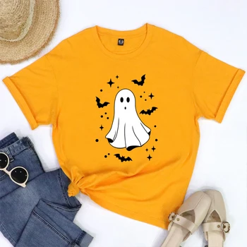Футболка с призраком и летучей мышью, жуткие осенние футболки Camiseta, забавная футболка унисекс с коротким рукавом и рисунком для вечеринки в честь Хэллоуина