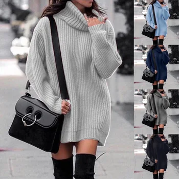 Осенне-зимние новые женские трикотажные пуловеры средней длины с высоким воротом, платье с длинным рукавом, свитер, женская одежда