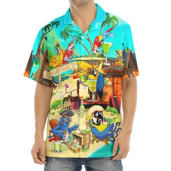 Новые гавайские мужские рубашки с мультяшными попугаями, забавная рубашка, топы с короткими рукавами для отпуска, для мужчин, крутая летняя блузка на пуговицах для вечеринки 2022