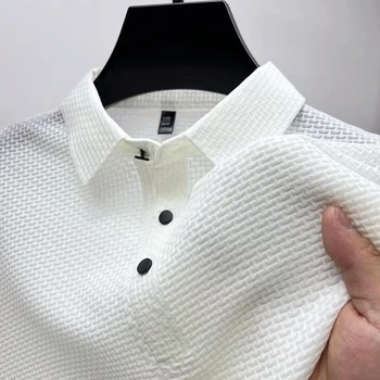 Высококачественная рубашка поло из ледяного шелка с коротким рукавом, мужская летняя открытая эластичная дышащая футболка, Модная однотонная повседневная брендовая одежда