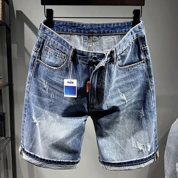 Последние популярные мужские повседневные джинсы оверсайз на лето 2023 года с большими дырками и непринужденными капри свободного покроя